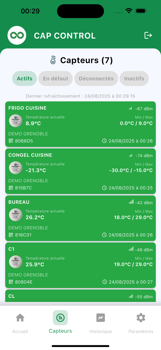 Liste Cap Control : cartes capteurs, filtres Actifs En defaut Deconnectes Inactifs