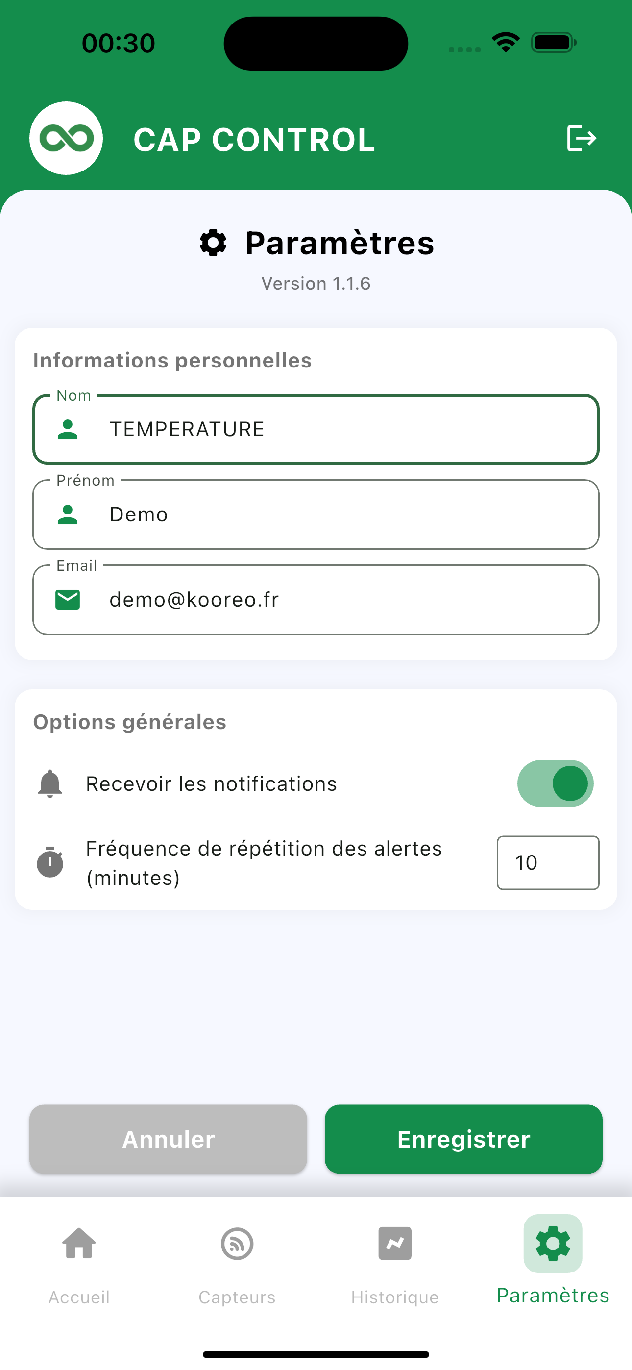 Parametres Cap Control : notifications et frequence de repetition des alertes