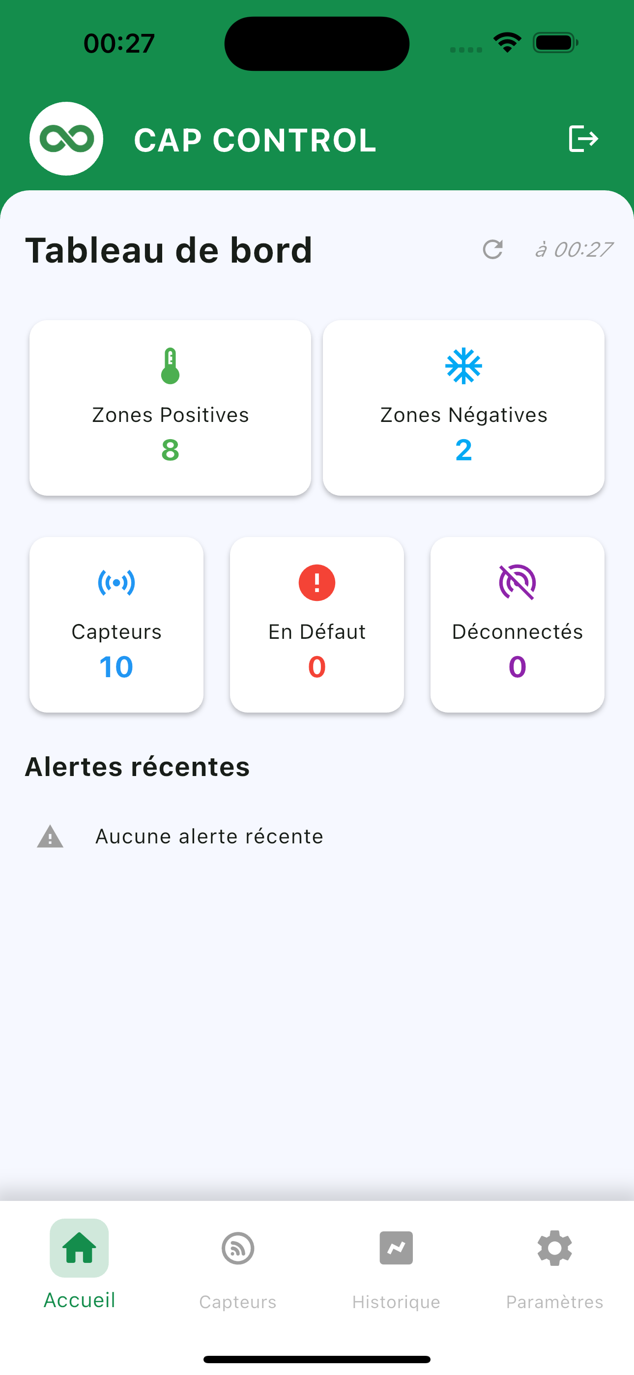 Tableau de bord Cap Control : zones, capteurs, defauts, alertes recentes